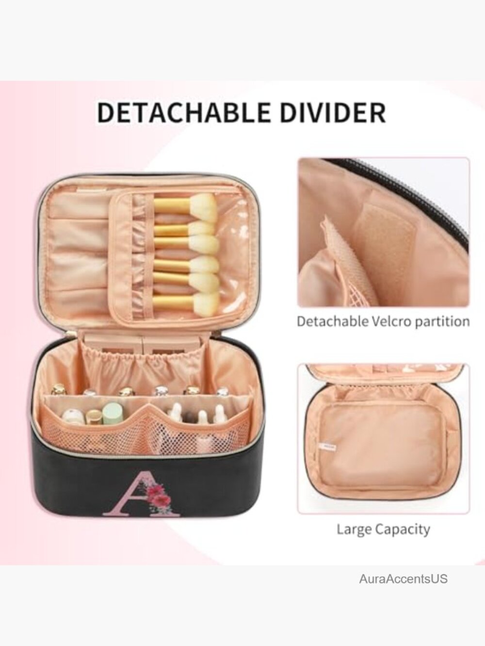 Personalized Initial Makeup Bag with Brush Holder, Travel Cosmetic Organizer - Picture 4 of 6